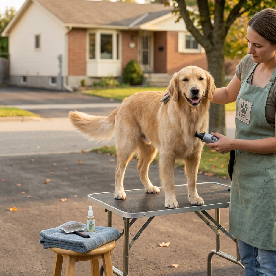 A groomer brushing a golden retriever on a grooming table set up in a driveway